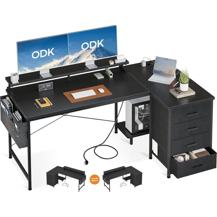 ODK L-förmiger Schreibtisch Schwarz USB-Ladestation 4 Schubladen 160x80cm