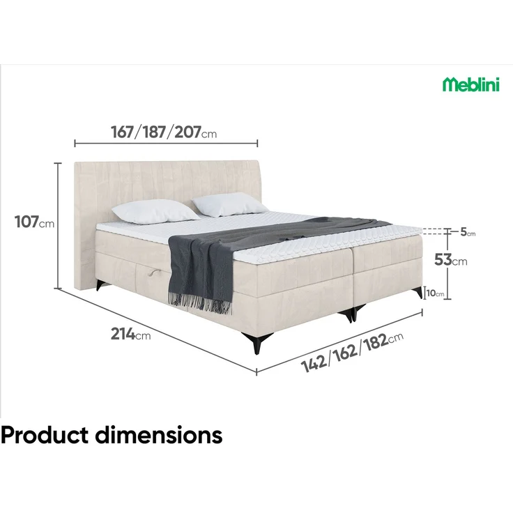 MEBLINI Boxspringbett NANI 160x200cm - H3P/Beige Samt - mit Bettkasten - Polsterbett - Doppelbett mit Topper & Taschenfederkern-Matratze – Bild 7