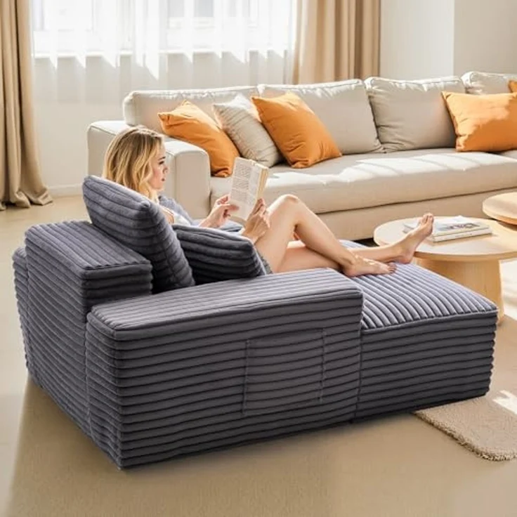 VEVOR Chaiselongue Relaxliege 124 cm, gepolstertes Schlafsofa mit Dekokissen & Armlehnen, Schlafcouch mit tiefer Sitzfläche für Wohnzimmer Schlafzimmer, Loungesessel aus hochelastischem Schwamm – Bild 2