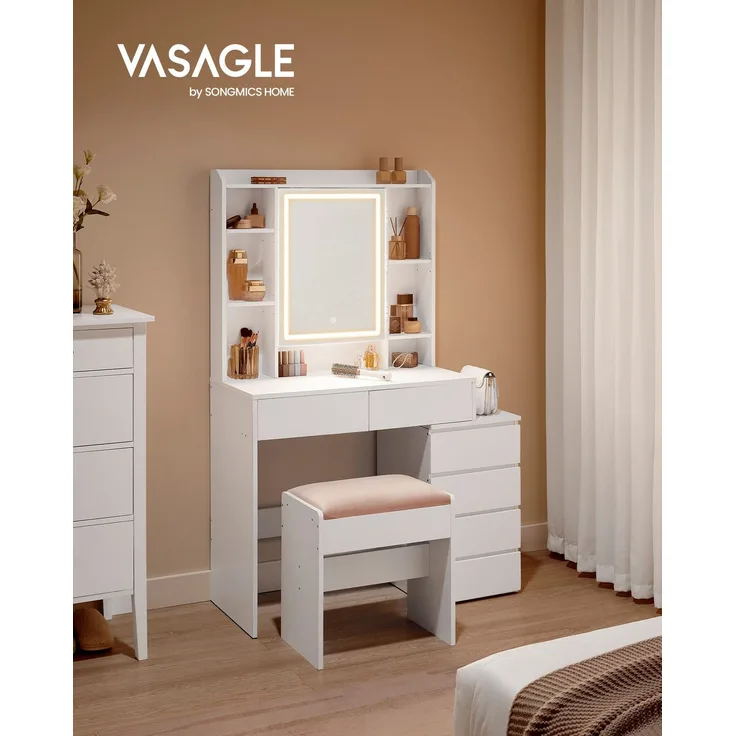 Vasagle Schminktisch mit Spiegel, Hocker und LED-Beleuchtung, Holzspanplatte Wolkenweiß, 97,5 x 40 x 145 cm