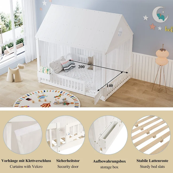 Hausbett mit Lattenrost, Bettvorhang, Zaun, Dach, Tür und Aufbewahrungsbox, 140x200 cm, Kinderbett mit Rausfallschutz, Massivholzbett, Kiefer – Bild 4