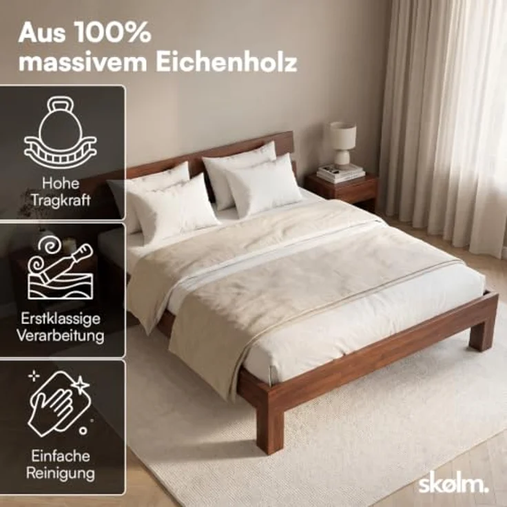 skølm Floki Massivholzbett 180x200 cm aus Eiche - hochwertiges Bettgestell in Walnussoptik - Bettrahmen mit Bettkopf - Holzbett in Natur geölt - Bett geeignet als Doppelbett - Futonbett Schlafzimmer – Bild 4