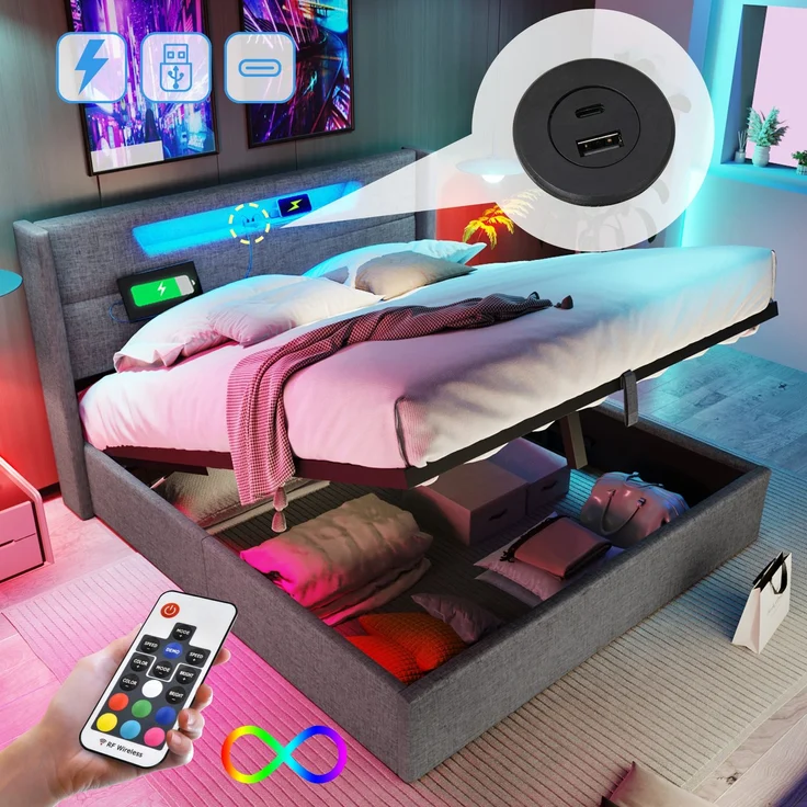 Polsterbett LED Doppelbett mit USB Typ C Ladefunktion und LED-Beleuchtung,Stauraumbetten Bettgestell aus Leinenmaterial Jugendbett 140x200 mit lattenrost(Ohne Matratze) – Bild 1
