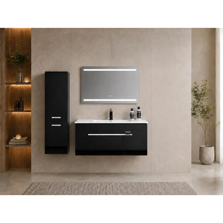 Faizee Home Badmöbelset 90 cm Schwarz Hochglanz inkl. Keramik-Waschbecken, LED-Spiegel & 1x Seitenschrank links – Bild 1