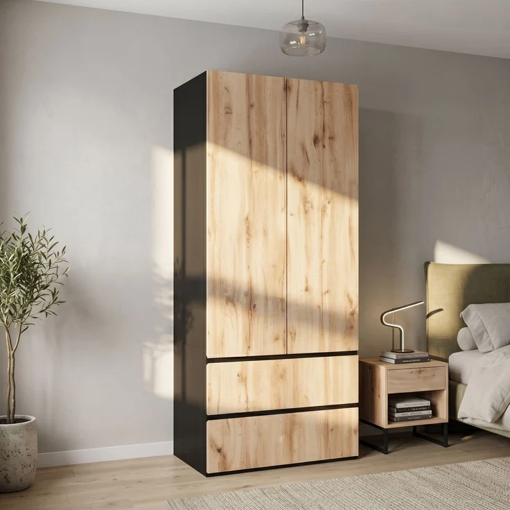 Kleiderschrank Garderobenschrank, 90 x 50 x 200 cm, mit 1 Kleiderstange, 2 Schubladen und 2 Türen, moderner Hochschrank für Schlafzimmer, Flur, Kinderzimmer oder Büro (Eiche Artisan/Weiß)--Holz--90x50x200cm--YOUDENOVA – Bild 2