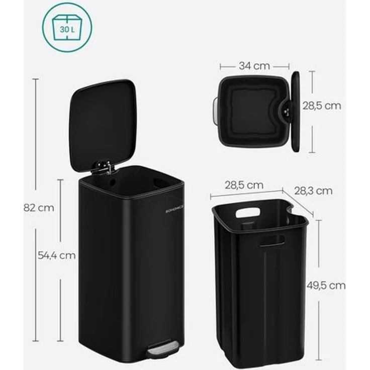 Songmics Mülleimer mit Inneneimer, Softclose & Offenhaltefunktion, Stahl tintenschwarz, 34 x 28,5 x 54,4 cm, 30 Liter – Bild 5