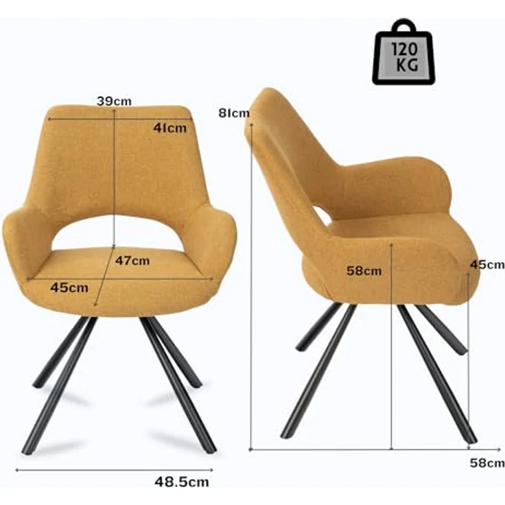 MEUBLE COSY Esszimmerstühle 4er Set Küchenstuhl Polsterstuhl mit Armlehne Sessel Sitzfläche aus Stoff Metallbeine, Gelb, 58.5 x 59 x 81 cm – Bild 4
