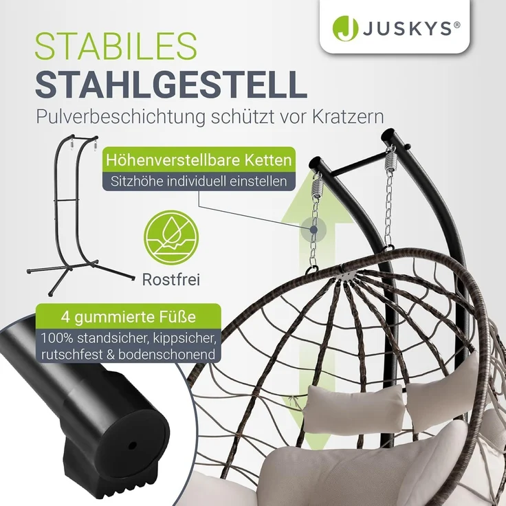 Juskys Doppelhängesessel Aria - Polyrattan Hängesessel mit Gestell & Kissen - Schaukel für zwei Personen - Outdoor Indoor Sessel - XXL Korb Beige – Bild 3