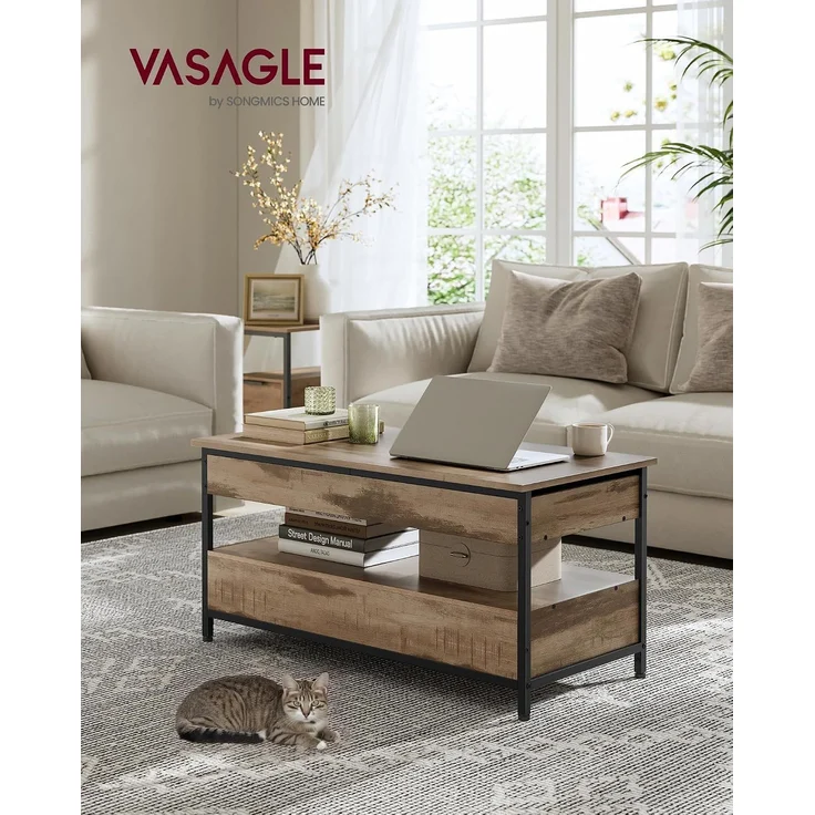 Vasagle Couchtisch, höhenverstellbarer Wohnzimmertisch, Kaffeetisch, mit Schubladen, offenes Fach,50x100 x (48-63)cm， kamelbraun-schwarz – Bild 2