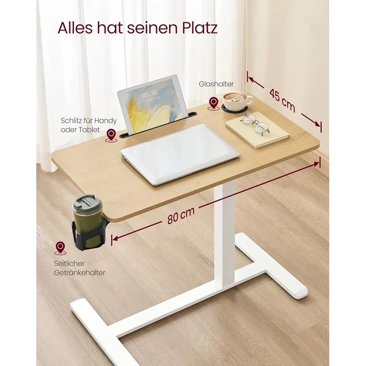 VASAGLE Beistelltisch mit Rollen, mobiler Stehtisch, 80x45 cm große Tischplatte, verstellbare Höhe, 2 Getränkehalter, Schlitz für Handy oder Tablet, goldeichenfarben LSD601YA01 – Bild 3