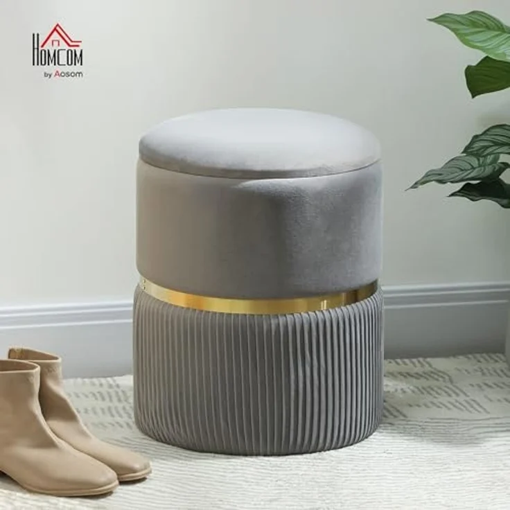 HOMCOM Sitzhocker Polsterhocker mit Samtoptik (Runder Hocker, 1 St, Polsterhocker), für Wohnzimmer, Schlafzimmer, Hellgrau – Bild 2