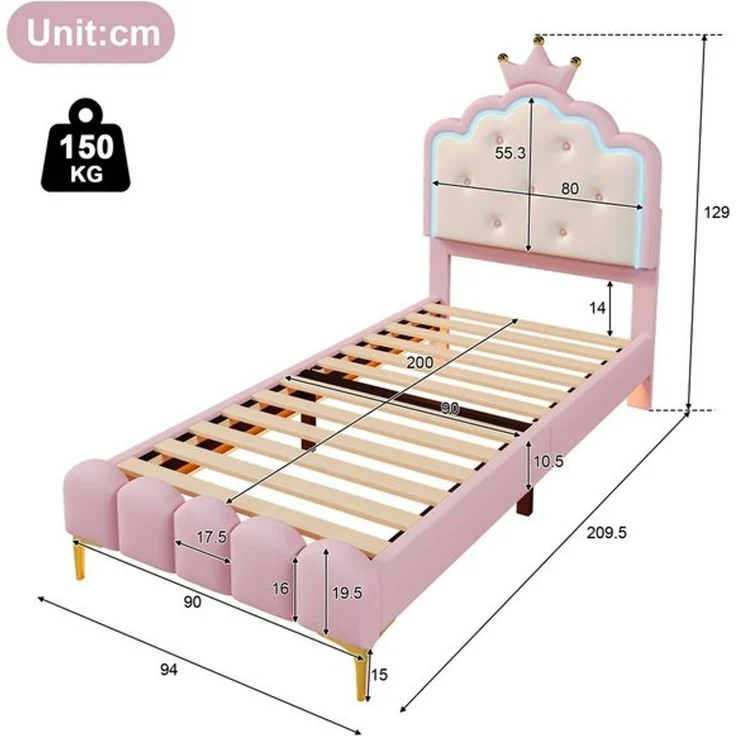 Flieks Polsterbett, LED Prinzessinnenbett Kinderbett 90x200cm mit Krone-Design-Kopfteil – Bild 4