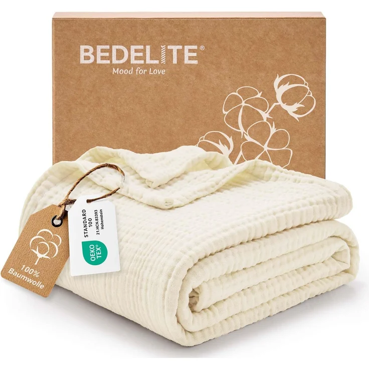 BEDELITE Musselin Decke 127x177 cm Erwachsene Tagesdecke Baumwolle, Creme