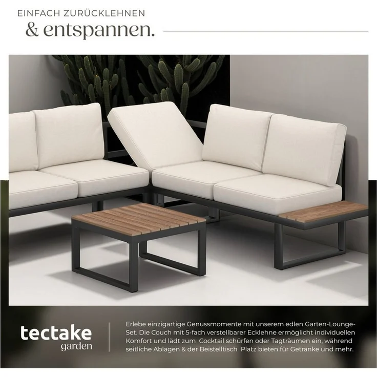 tectake Gartenlounge-Set Aluminium Garten-Lounge-Set, (Set, 1-tlg), Tisch und seitliche Ablageflächen aus robustem Polywood – Bild 3
