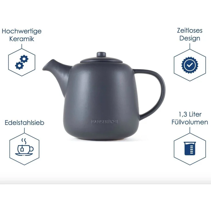 Hanseküche Teekanne Teekanne (1L), 1.3 l, (Teekanne, 1-St, inkl. Edelstahlsieb), Hochwertiges Material, Edelstahlsieb, Ergonomischer Griff – Bild 2