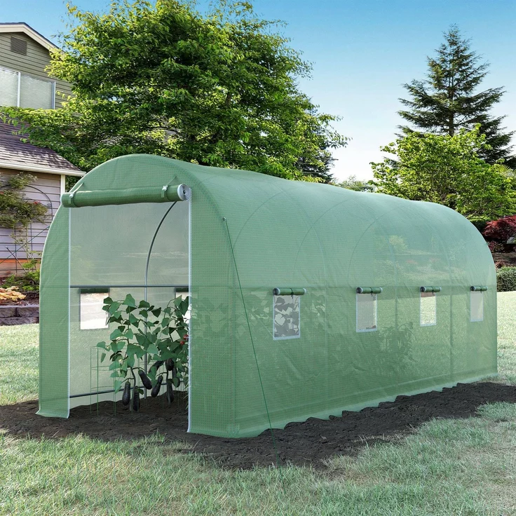 Wohnora-Tunnelgewächshaus, 10 m² Grundfläche, 5 m L x 2 m B x 2,05 m H, verstärkte Rohrkonstruktion, Reißverschlusstür, 8 aufrollbare Fenster, grün,H 2050cm x T 1480cm x B 2000cm – Bild 2