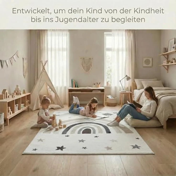 Jimri Kinderteppich DOTS l Pünktchen Gepunktet l Öko-Tex Siegel | Farbe: Beige Blau Rosa | Kinderzimmer/Jugendzimmer (Creme, 160x230 cm) – Bild 9