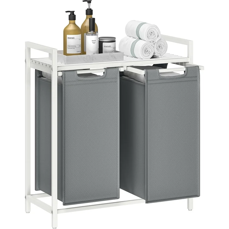 Vasagle Wäschekorb 2 Fächer, Wäschesammler mit Ablage, Wäschebox, Wäschesack aus Oxford-Gewebe ausziehbar abnehmbar, Metallrahmen, 2x46 L, 73 x 33 x 72 cm, weiß-hellgrau von Songmics – Bild 1