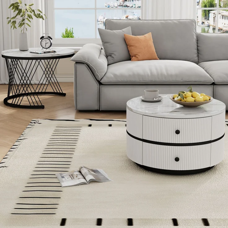 Couchtisch-Set rund, groß 60×60×46 cm und klein 50×50×31 cm, Hochglanz-Marmoroptik, MDF – Bild 3