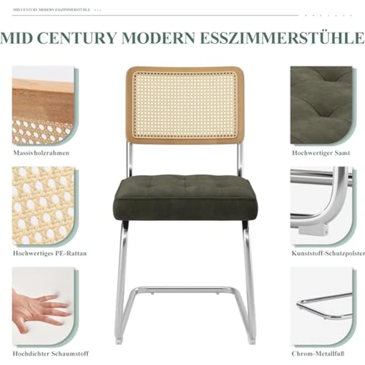 COLAMY Rattan Esstischstühle 4er Set, Samtbezug mit Metallgestell, Grün – Bild 4
