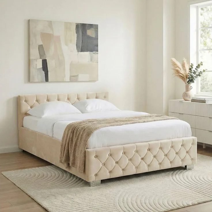 IDIMEX Polsterbett NURI, Bett 160x200 cm mit Samtbezug und Bettkasten Cremeweiß