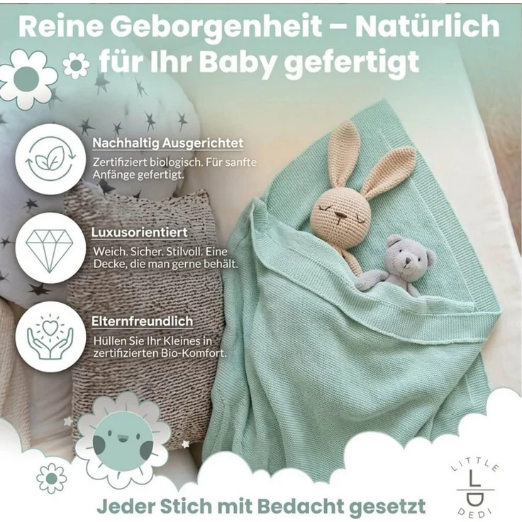 Babydecke Baby Strickdecke, %100 Bio Baumwolle, Atmungsaktiv, 80x100cm, Hellgrün, Little Dedi – Bild 2