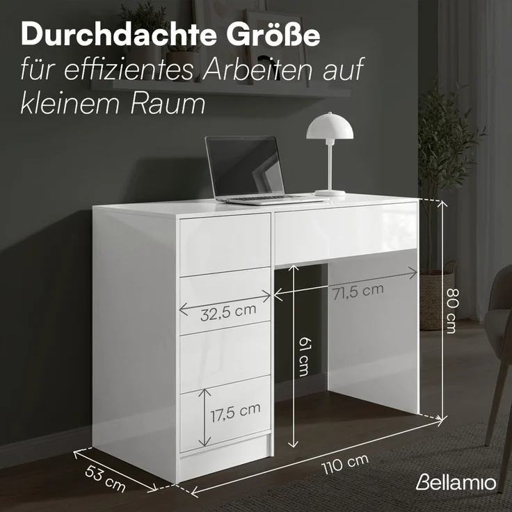 Bellamio 'Livny' Schreibtisch mit 5 Schubladen, beidseitig montierbar, weiß Hochglanz, 80x53x110 cm, Computertisch mit Stauraum, Bürotisch mit Push-to-open, geeignet als Schminktisch – Bild 7