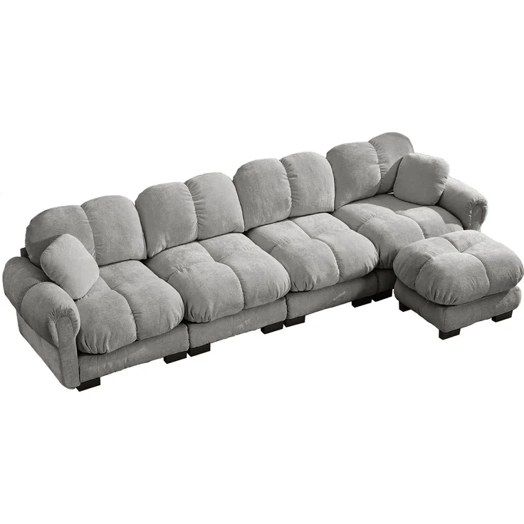 Modulares Ecksofa aus Chenille mit Ottomane, 330x149x90 cm, Hellgrau – Bild 4