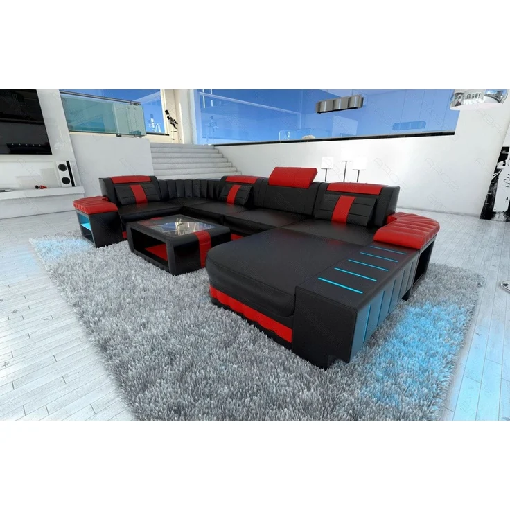 Sofa Dreams - Mini Designer Wohnlandschaft Bellagio Led U-Form - Ledermix - Schwarz-Rot - Rechts – Bild 3