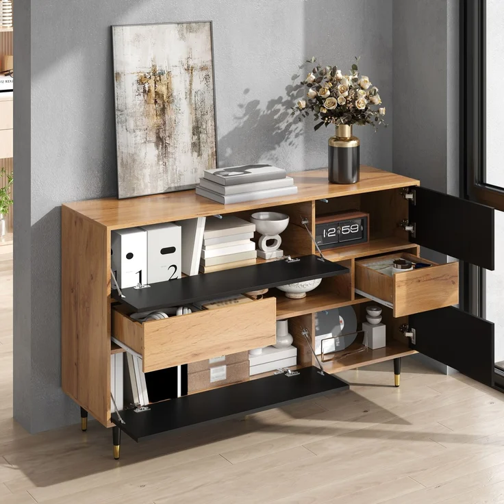 Merax Sideboard, Wohnzimmerschrank, Esszimmer-Schrank, Flurschrank, Multifunktionaler Sideboard Holz-Schwarz Kombination, 2 Schubladen, Staurschrank Esszimmer – Bild 5