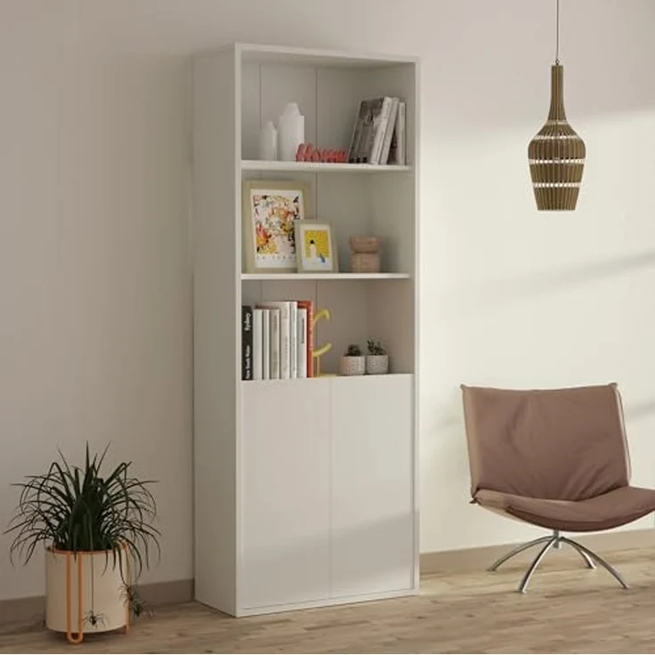 Muebles Pitarch | Bücherregal für Büro oder Arbeitszimmer mit 2 Türen und 4 Regalen, Wohnzimmer-Bücherregal, Weiß, 196,5 x 75,5 x 33 cm (Höhe x Breite x Tiefe), einfach, elegant und robust – Bild 5