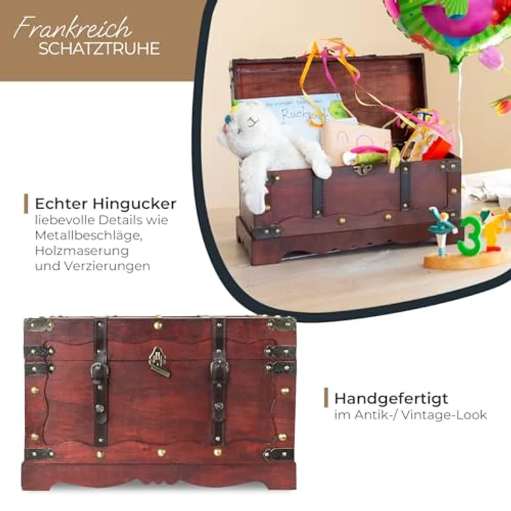 HMF Schatzkiste Schatztruhe Frankreich aus Holz mit dekorativem Metallschloss (1 St), handgefertigte Holztruhe, 60 x 35 x 38 cm – Bild 3