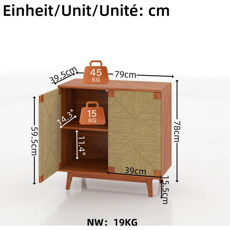 DESVIAE Sideboard Braun aus Holzwerkstoff – 79x78x39,5 cm – Papierseil-Flechtung, verstellbarer Einlegeboden – Bild 10