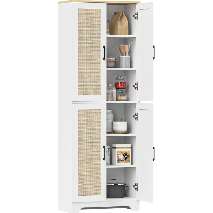 MELAYR, Küchenschrank mit verstellbaren Regalen, Rattantüren und Kippschutzsystem, 60 x 30 x 170 cm, Weiß