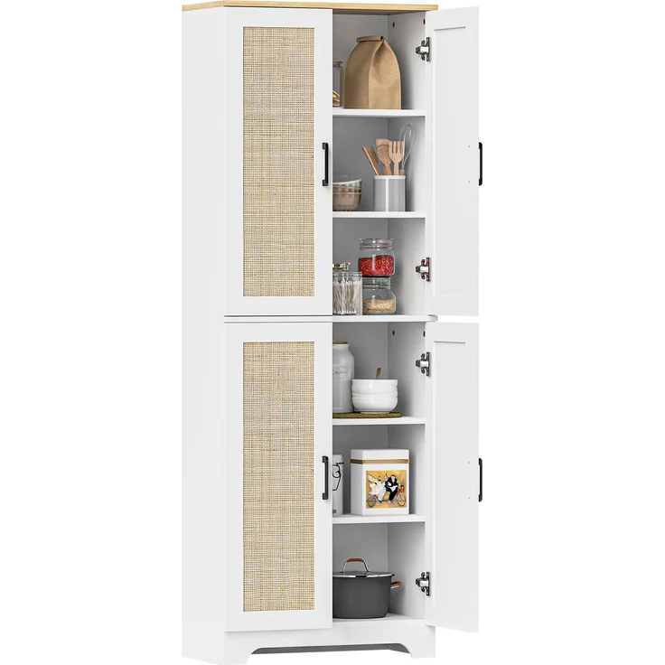 MELAYR, Küchenschrank mit verstellbaren Regalen, Rattantüren und Kippschutzsystem, 60 x 30 x 170 cm, Weiß – Bild 1