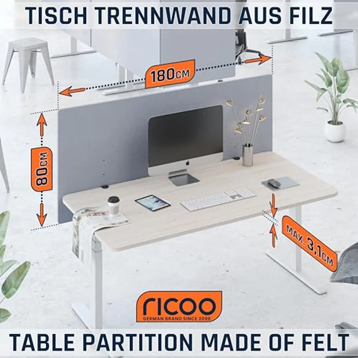 RICOO ZAP1880-G Akustik Trennwand Schreibtisch 180x80 cm Sichtschutz Schreibtisch Trennwand Filz Pinnwand Grau Geräuschdämmung Akustik Diffusor Schallschutz Büro Tischtrennwand mit Tischklemme – Bild 3
