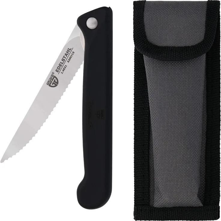 Klappmesser mit Steakklinge, schwarz, mit Etui