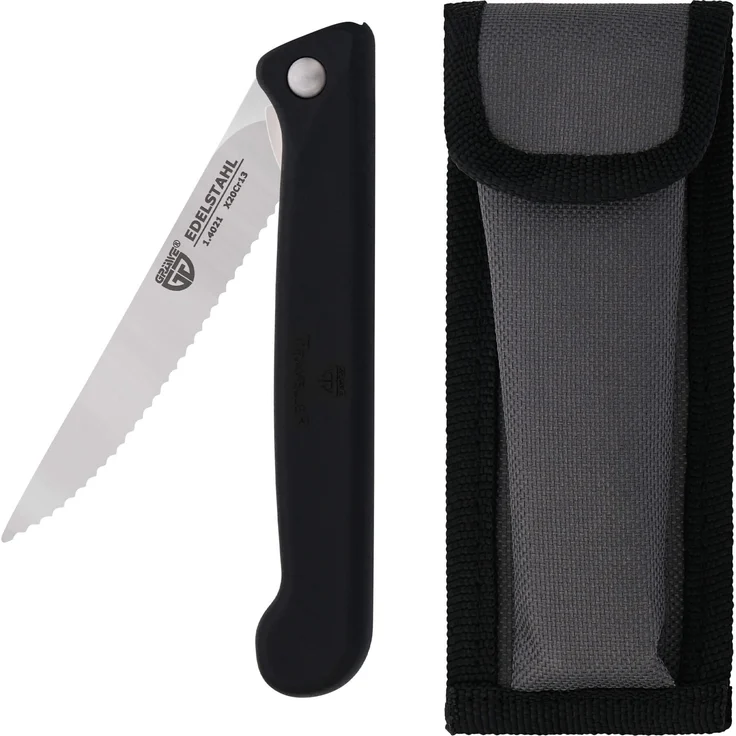 Klappmesser mit Steakklinge, schwarz, mit Etui – Bild 1