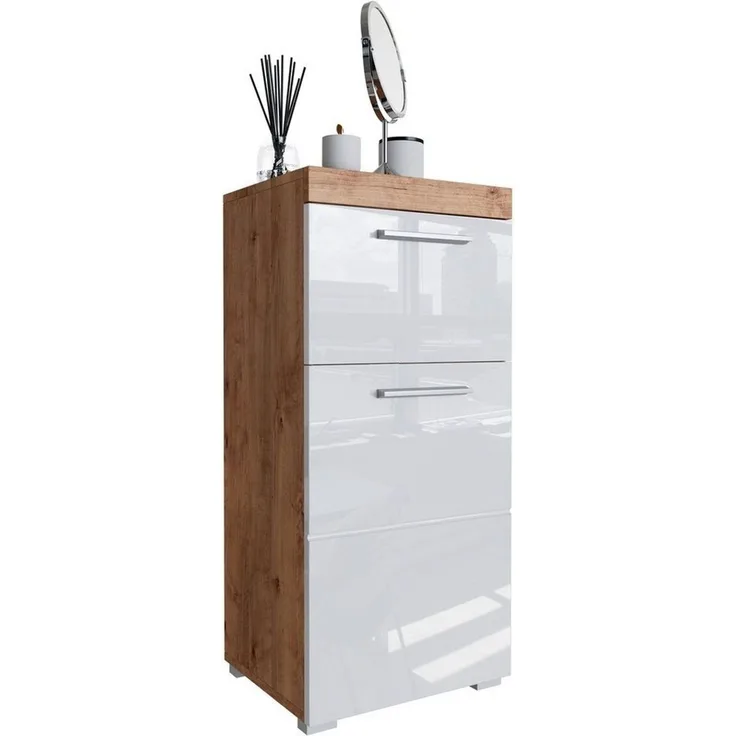 Newroom Kommode Wildeiche 37 cm, Wildeiche Weiß Hochglanz Kommode Badezimmer Schrank mit viel Stauraum
