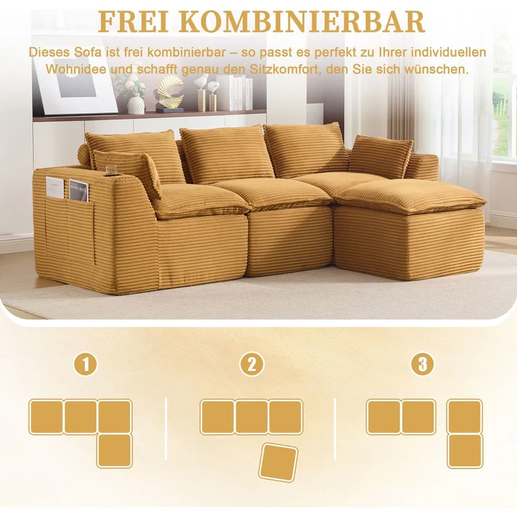 Modulares 3-Sitzer Sofa mit Hocker, B 256 x T 161 x H 75 cm, aus orangefarbenem Cord – Bild 9