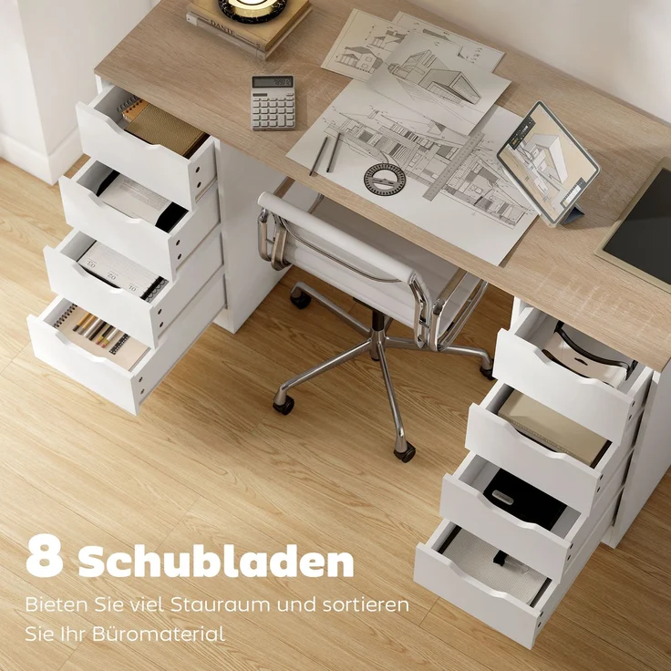 MELAYR, 140 cm Computertisch, 8 Schubladen, Schreibtisch für Homeoffice, Schlafzimmer, Stahl, Holz, Natur, Naturholz – Bild 6