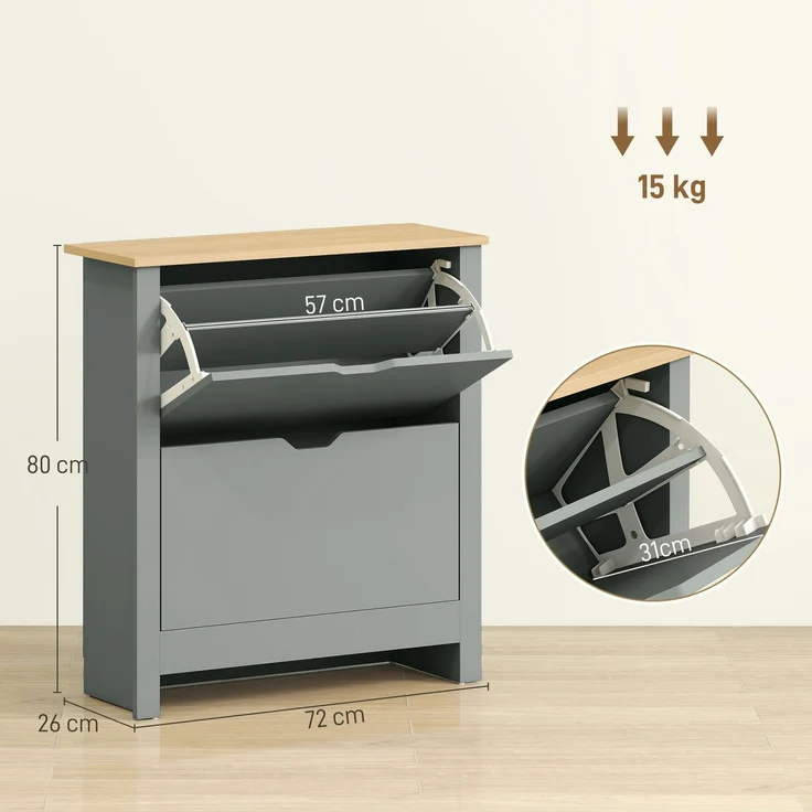 Schuhschrank mit 2 Klappfächern, verstellbare Trennwand für 8-12 Paar Schuhe, 72 x 26 x 80 cm, Hellgrau--Hellgrau--80x26x72cm--YOUDENOVA – Bild 5
