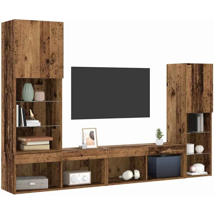 vidaXL TV-Schränk mit LED-Lichtleisten 4 pcs Altholz Holzwerkstoff 3334389 – Bild 2