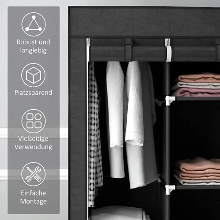 HOMCOM Stoffschrank Faltschrank, Faltbare Garderobe aus Vliesstoff (Kleiderschrank, 1-St, Tücherschrank) Schwarz, 125 x 43 x 162,5 cm – Bild 6