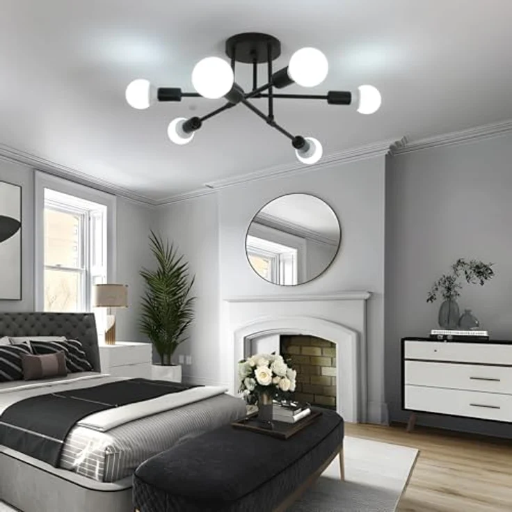 Goeco Vintage Sputnik Kronleuchter, 6-Flammige E27 Deckenleuchte Schwarz Metall, Retro Deckenlampe für Esszimmer, Esstisch, Flur, Wohnzimmer, Hotel, Café (Ohne Leuchtmittel) – Bild 7