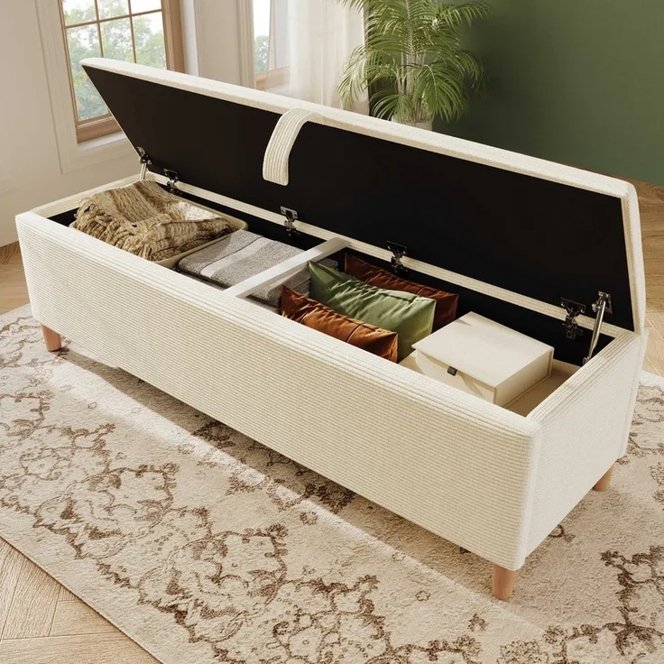 BlingBin Bettbank (1-St, 145 x 38 cm mit hydraulischem Stauraum – Cordstoff, Massivholz & MDF), Beige, 200 kg Tragkraft, Modernes Design für Schlafzimmer