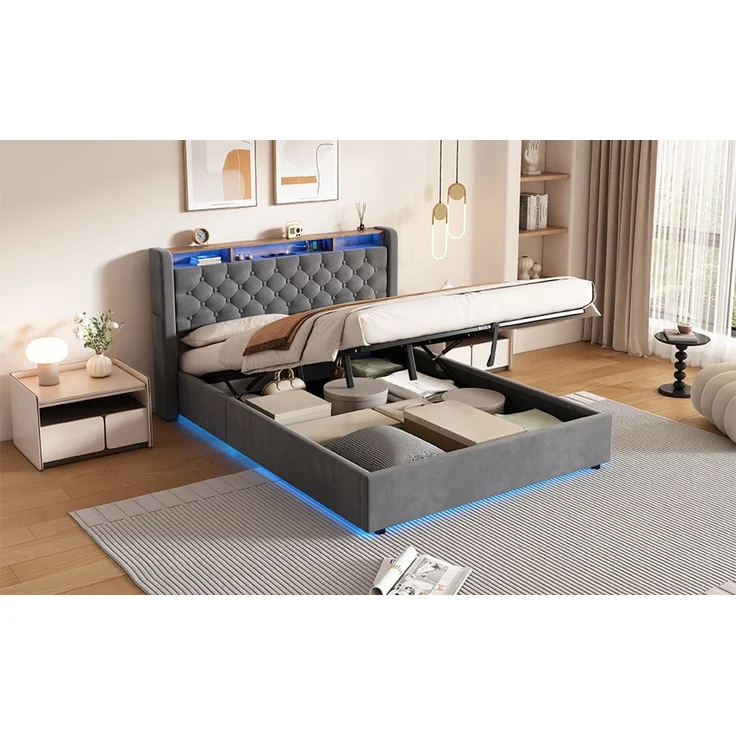 MODFU Polsterbett Mit Stauraum,LED-Beleuchtung und USB-Anschlüssen (Funktionsbett, 1-tlg, Stabiler Metallrahmen, inkl. Lattenrost, ohne Matratze), 140x200 cm, Hollandvelours, Kopfteil-Ablage – Bild 5