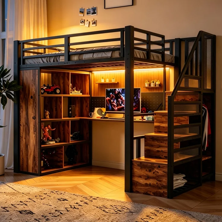 EINHOM Metall-Hochbett 90 x 200 cm mit Kleiderschrank und Staufächern, Metall + Holz, Trittleiter, Schreibtisch mit Steckdosen nach Europäischer Norm, Lochblech und LED-Lichtleiste, Großem Stauschrank, Einzelbett, Schwarz (Ohne Matratze) – Bild 1