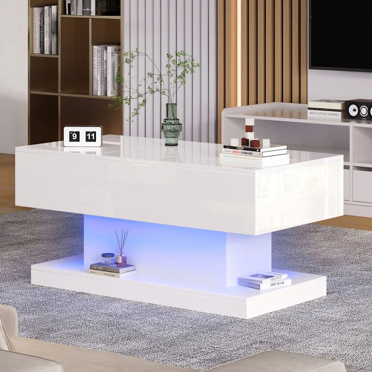 Couchtisch, mit hydraulischem Lift, schiebbarer Platte & LED-Beleuchtung, 100x50x45 cm, Weiß – Bild 1