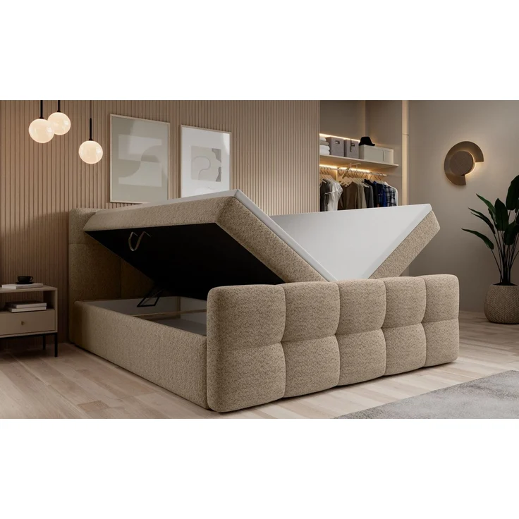 thematys Boxbett mit Bettkasten 140x200cm, mit Bonnellfederkernmatratze H3, Bouclé/Velours, mit Stauraum, mit 3 cm Topper, Beige (Arena 02), Art.-Nr. S04GH0RGH9G – Bild 4